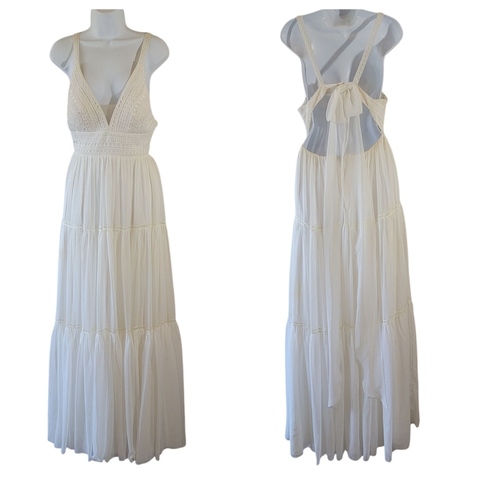 Faviana White Lace Plunge Maxi Dress Sz 0 Crochet White Party Fairy Cottagecore